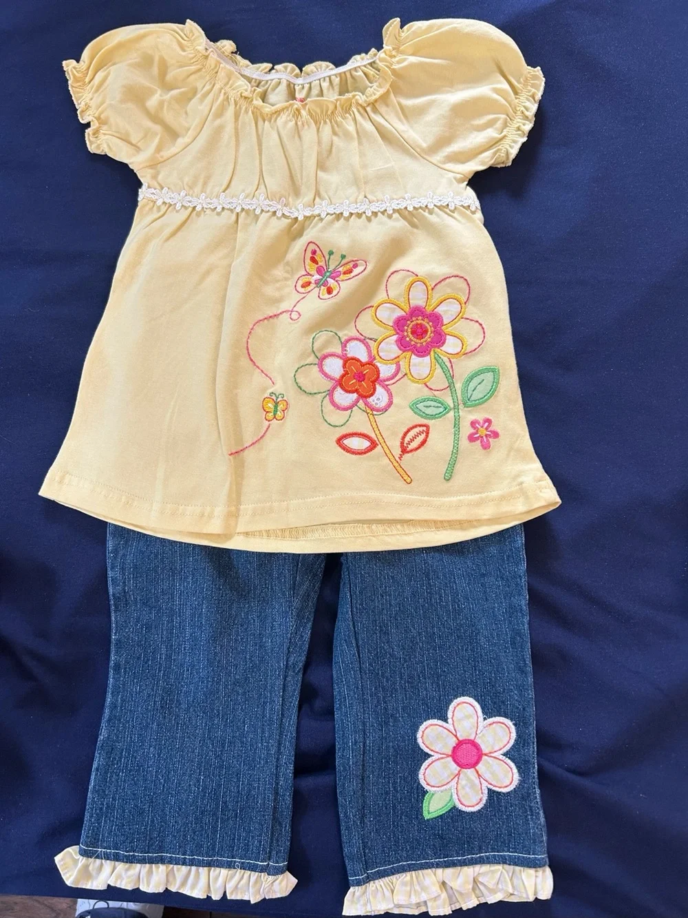 NWOT — Girls Yellow Floral Embroidered Matching Set - Top & Jeans
